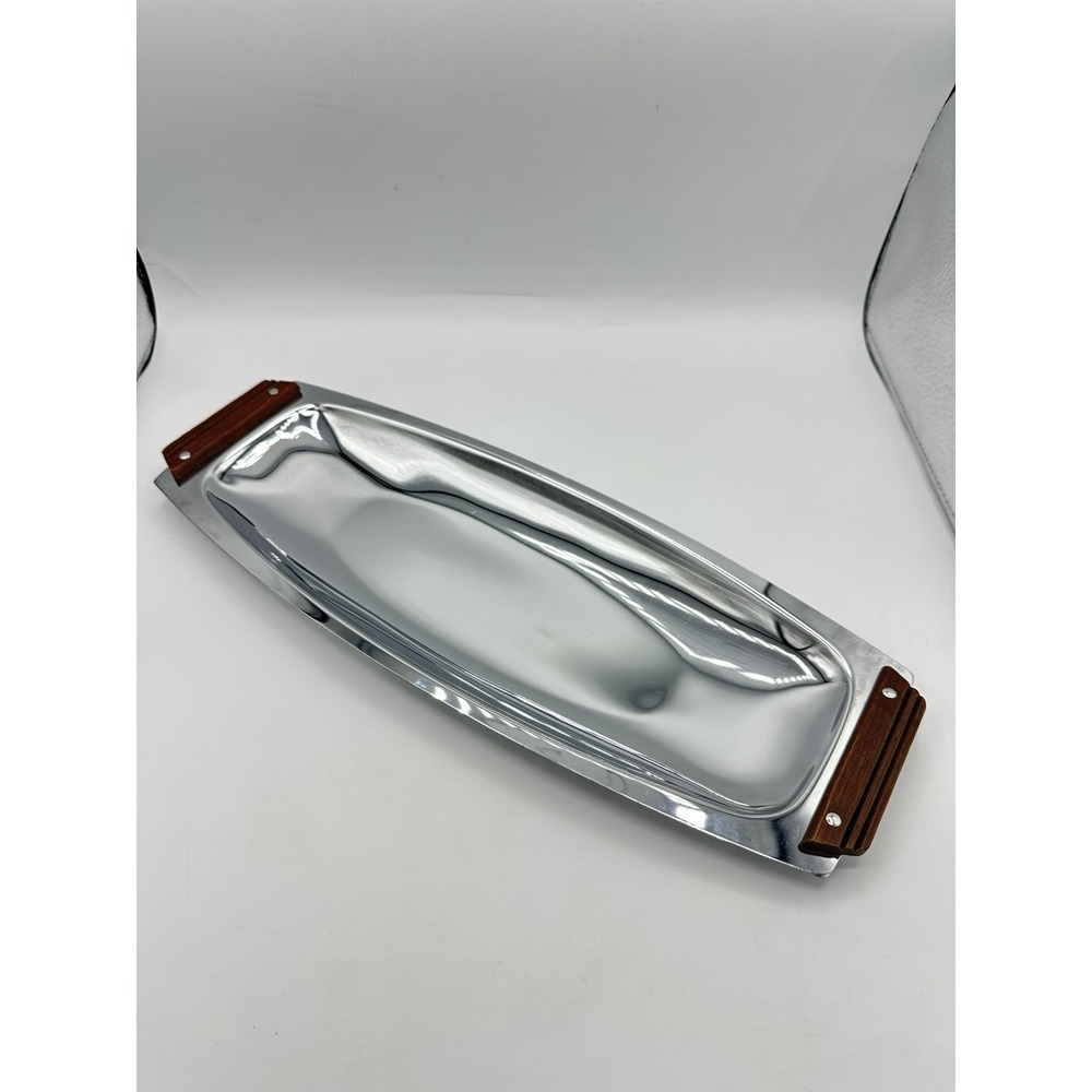 Vintage Kromex Chrome Serving Tray Wood Handles MCM Mid Century Modern USA 16in